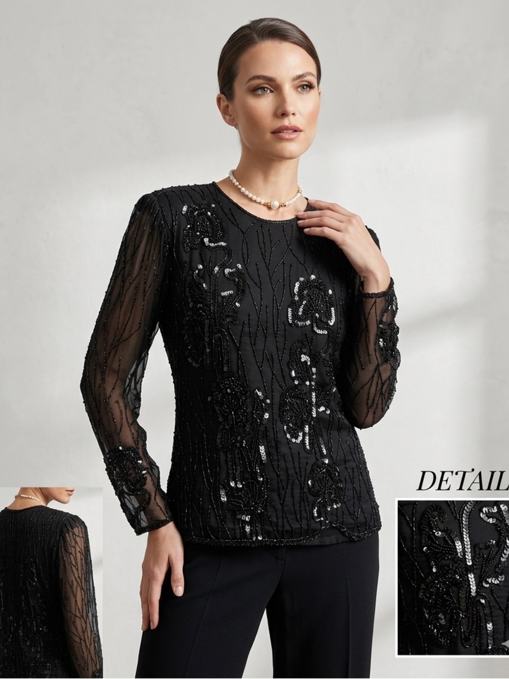 100% Silk Embellished Top • J.K. Laing • Black